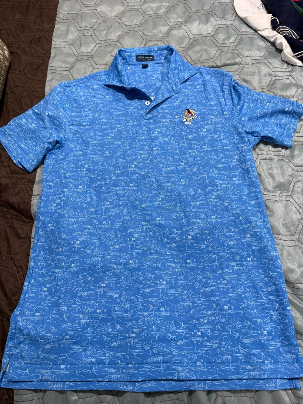 Peter Millar Crown Crafted Blue Polo Shirt With White Coastal Print Small
